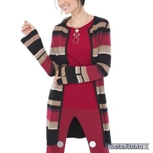 Chico’s Black Burgundy Multi Striped Reversible Cardigan Sweater NWT SP